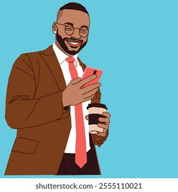 Corporate African American man with a cup of coffee and a cell phone