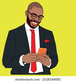 A Corporate African American man in a suit holding a cell phone checking his messages looking so happy wearing glasses