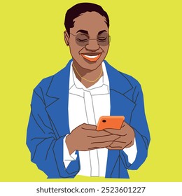 Uma jovem afro-americana corporativa com um telefone celular sorrindo e usando óculos