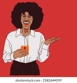 A corporate Afro lady looking amazed and excited after checking her cell phone, expressing a "wow" reaction with joy and surprise.