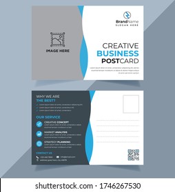 Corporate Agency Postcard Template Design With Blue And White Accents. creative multipurpose marketing materials for Business Company. Poster and letterhead layout for company advertisement. 6X4 inch