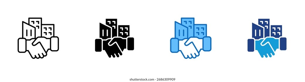 Corporate Agreement Multiple Style Icon Design Vector - Handshake vor Gebäuden, die Geschäftspartnerschaft, Partnerschaft und Zusammenarbeit repräsentieren