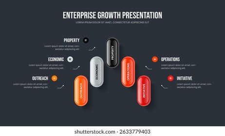Corporate Analysis Five Step Diagram Frame Design. Modern Solution 5 Element Infographic Slide Template. Company Report Presentation Layout Vector Illustration.