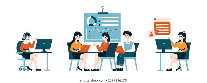 Corporate Analysis and Reporting set. Employees engaged in data interpretation and strategic planning. Utilizing technology for business intelligence and growth. Flat vector illustration