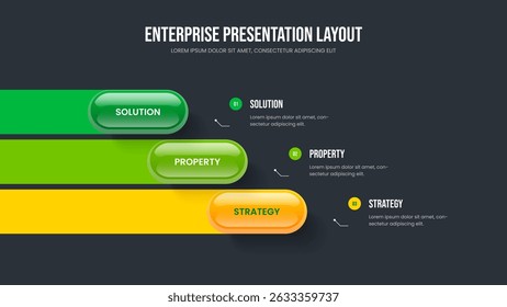 Corporate Analysis Three Element Infographic Slideshow Template. Modern Overview Slide Design Vector Illustration. Investor Proposal 3 Option Diagram Frame Layout.