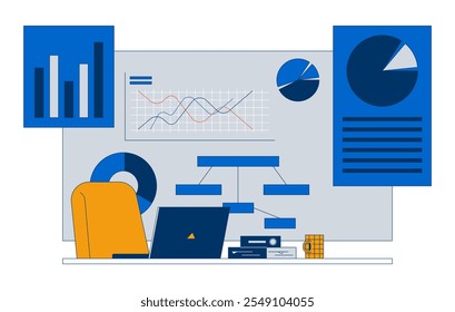 Conceito de ilustração 2D de notebook para espaço de trabalho de análise corporativa. Cadeira de mesa de bloco de anotações de gráfico de barra de gráficos de pizza. Diagramas de revisão fundo de desenho animado isolado em branco. Metáfora abstrata vetor gráfico plano