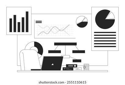 Corporate analysis workspace laptop black and white 2D illustration concept. Pie charts bar graph notebook desk chair. Review diagrams outline background isolated. Metaphor monochrome vector art