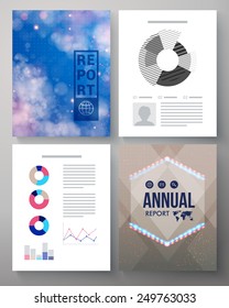 Corporate Annual report vector template of four pages with twinkling stars in a blue sky, a hexagonal emblem or logo, editable copyspace for text and various analytical graphs