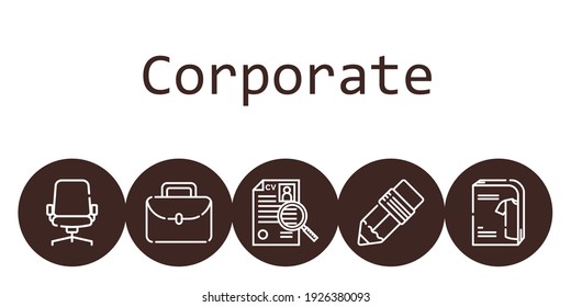 corporate background concept with corporate icons. Icons related portfolio, pen, curriculum, desk chair, catalogue