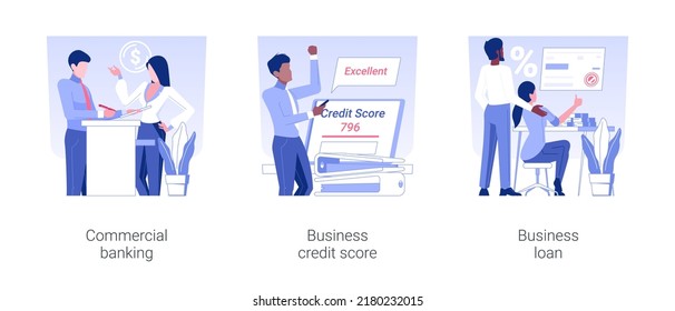 Corporate banking isolated concept vector illustration set. Commercial banking, business credit score, getting loan, financial services online, successful deal and agreement vector cartoon.