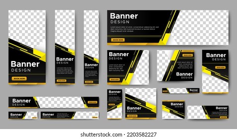 Corporate banner design web template Set, Horizontal header web banner. Modern Gradient black and yellow cover header background for website. Social Media Cover ads banner, flyer, invitation card