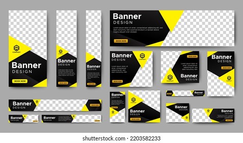 Corporate Banner Design Web Template Set, Horizontal Header Web Banner. Modern Gradient Black And Yellow Cover Header Background For Website. Social Media Cover Ads Banner, Flyer, Invitation Card