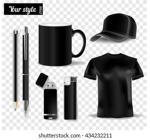 Corporate black identity isolated template design, realistic cup,  pen, lighter, t-shirt, hat, usb-stick vector company professional  style for brand-book
