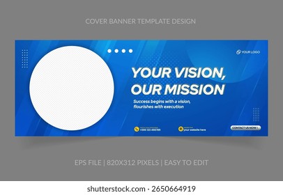 Corporate blue banner template (820x312 pixels) with editable text and image section. Modern and neat design