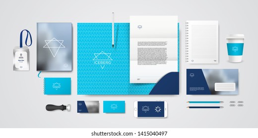 Corporate blue branding identity premium design. Stationery mockup vector megapack set. Template for business or finance company with iceberg logo. Folder and A4 letter, visiting card and envelope.