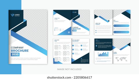 Diseño de folleto de 8 páginas sobre gradiente azul corporativo, vector de folletos comerciales