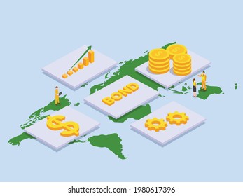 Corporate bonds vector concept. Business people with corporate bonds, money, and world map