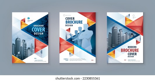 Plantilla de diseño de portada de libros corporativos, Business Leaflet Brochure Flyer A4 Size Design Set. Plantilla de póster del viajero de negocios, vector de triángulo geométrico abstracto rojo y azul, volante, volante, volante, portada, banner