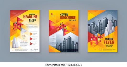 Plantilla de diseño de portada de libros corporativos, Business Leaflet Brochure Flyer A4 Size Design Set. Plantilla de póster del viajero de negocios, fondo abstracto de triángulo geométrico rojo y amarillo, volante, portada, banner