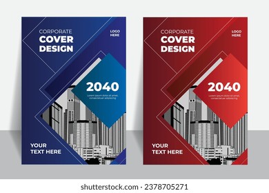 Corporate Book Cover Design Template in A4, cover in blue and red colour, business annual report, Poster, Corporate Presentation, Portfolio, Flyer, Banner, catalog, magazine