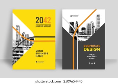 Modelo de design de capa de livro corporativo em A4. Pode adaptar-se ao folheto, relatório anual, revista, cartaz, apresentação de negócios, portfólio, panfleto, banner, site.