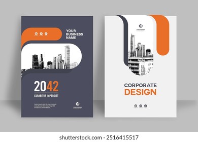 Modelo de design de capa de livro corporativo em A4. Pode adaptar-se ao folheto, relatório anual, revista, cartaz, apresentação de negócios, portfólio, panfleto, banner, site.