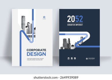 Modelo de design de capa de livro corporativo em A4. Pode adaptar-se ao folheto, relatório anual, revista, cartaz, apresentação de negócios, portfólio, panfleto, banner, site.