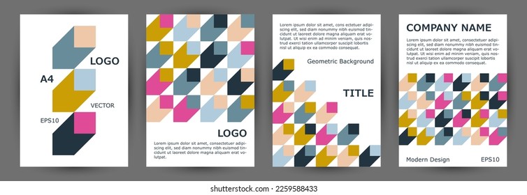 Corporate booklet cover layout collection geometric design. Suprematism style abstract pamphlet mockup collection Eps10. Mosaic geometric elements composition A4 cover design