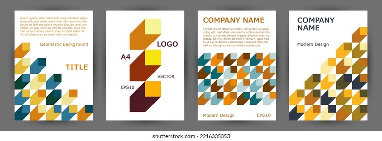 Corporate booklet cover template collection geometric design. Minimalist style futuristic pamphlet mockup collection Eps10. Tile geometric shapes pattern A4 cover design