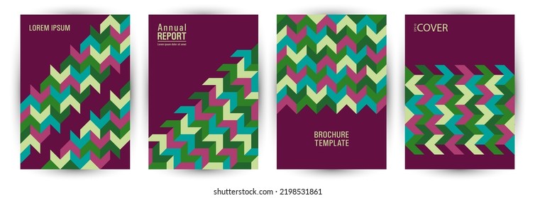 Corporate Booklet Front Page Mokup Set Graphic Design. Suprematism Style Isometric Title Page Template Set Vector. Mosaic Geometric Shapes Background A4 Card Design