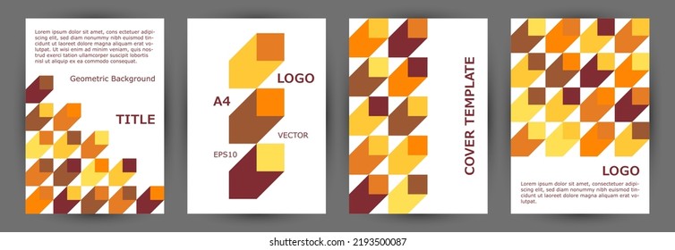 Diseño geométrico de la colección de plantillas de portadas de folletos corporativos. Colección Eps10 de diseño de vales modernos estilo Memphis. Diseño de la cubierta A4 de elementos geométricos mosaicos