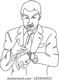 Corporate Boss Cartoon One Line Sketch of Frustration with Late Employee, Employee Punctuality Illustrated One Line Sketch Cartoon of Frustrated Boss, Cartoon Clip Art of Boss's Wristwatch Reminder