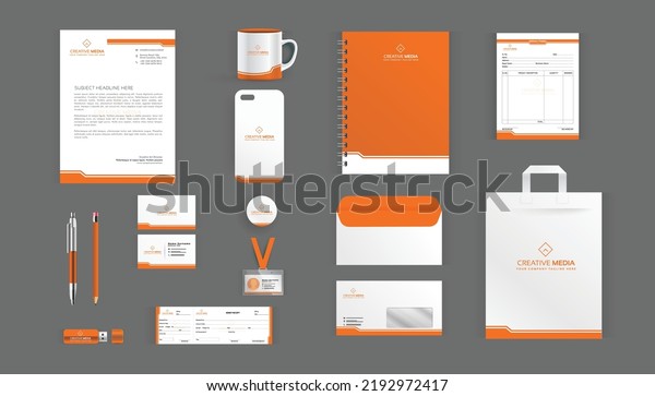 Corporate brand\
identity design pack, letterhead pad, official pad, mug, pen, pen\
drive, shopping bag, dairy, notebook, id card, money receipt,\
envelop, business card, badge, hang\
tag