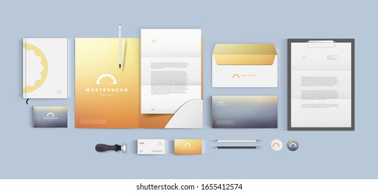 Corporate brand identity design. Stationery mockup template. Yellow color style.