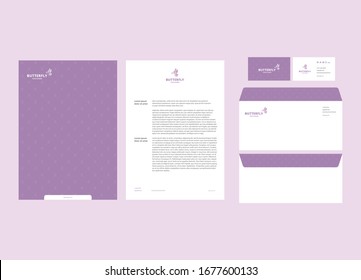 Corporate Brand Identity Mockup set. Business Stationery mockup with butterfly logo. Personal Branding mock-up of notepad, blank, envelope, business card.