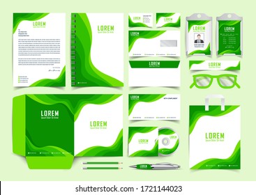 Corporate Brand Identity Mockup set Green and white color design. Abstract geometric graphics on guide,  annual report cover, notebook, letterhead. Business stationary elements mockup template