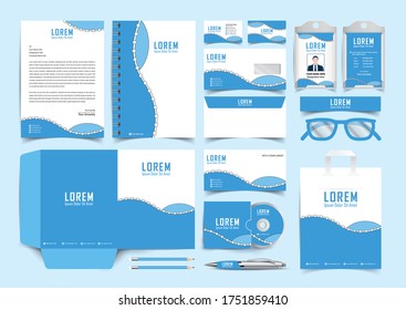Corporate Brand Identity Mockup set bule and white color design. Abstract geometric graphics on guide,  annual report cover, notebook, letterhead. Business stationary elements mockup template