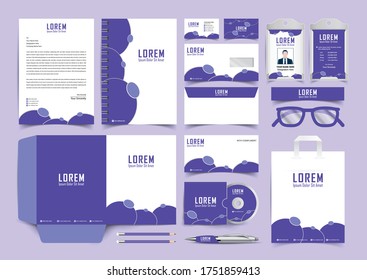 Corporate Brand Identity Mockup set blue and white color design. Abstract geometric graphics on guide,  annual report cover, notebook, letterhead. Business stationary elements mockup template