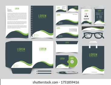 Corporate Brand Identity Mockup set blue and green color design. Abstract geometric graphics on guide,  annual report cover, notebook, letterhead. Business stationary elements mockup template