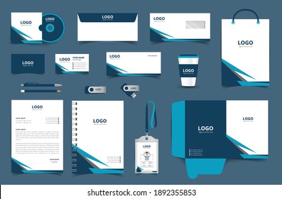 Corporate Brand Identity Mockup set with digital elements. Classic full stationery template design. Editable vector illustration: Business card, Bag, Id card, envelope, cup, letterhead, pen etc.