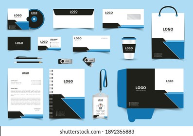 Corporate Brand Identity Mockup set with digital elements. Classic full stationery template design. Editable vector illustration: Business card, Bag, Id card, envelope, cup, letterhead, pen etc.