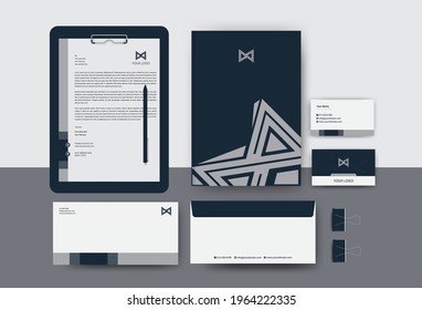 Corporate Brand Identity Mockup set with digital elements. Classic full stationery template design. Editable vector illustration. Letterhead, business card, envelop, Paper Clipboard Hardboard.