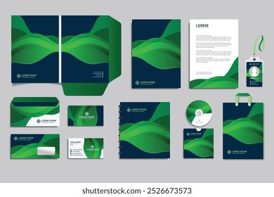 Conjunto de maquetas de identidad de marca Corporativa Diseño de color verde y blanco. Gráficos geométricos Abstractas en la guía, cubierta del informe anual, cuaderno, membrete. Plantilla de maqueta de Elementos estacionarios de negocios
