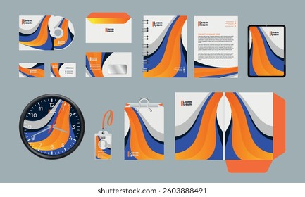 Corporate Brand Identity Mockup set with digital elements. Classic full stationery template design. Editable vector illustration: Business card, Bag, Id card, envelope, cup, letterhead, pen etc.