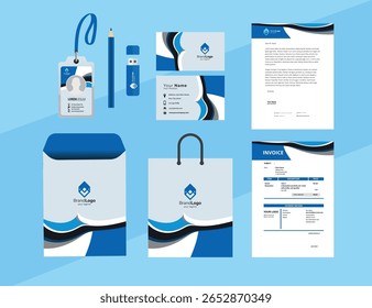 Corporate Brand Identity Mockup set with digital elements. Classic full stationery template design. Editable vector illustration: Business card, Bag, Id card, envelope, cup, letterhead, pen etc.