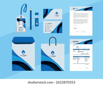 Corporate Brand Identity Mockup set with digital elements. Classic full stationery template design. Editable vector illustration: Business card, Bag, Id card, envelope, cup, letterhead, pen etc.