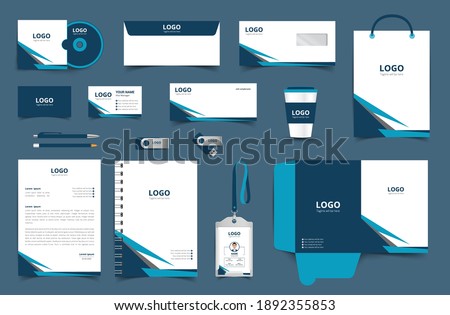 Corporate Brand Identity Mockup set with digital elements. Classic full stationery template design. Editable vector illustration: Business card, Bag, Id card, envelope, cup, letterhead, pen etc.