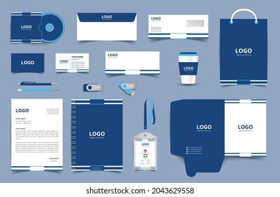 Identidad de marca corporativa con elementos digitales. Modelación sobre el papel de negocios. Ilustración vectorial editable: Tarjeta de visita, Bolsa, tarjeta de identificación, sobre, taza, membrete, bolígrafo, etc.