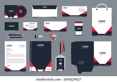 Corporate Brand Identity set with digital elements. Business stationery mockup. Editable vector illustration: Business card, Bag, Id card, envelope, cup, letterhead, pen etc.