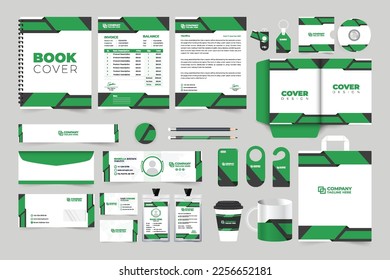 Corporate brand identity template collection for marketing. Special company promotional stationery design with green and black colors. Creative business promotional letterhead, envelope, and invoice.